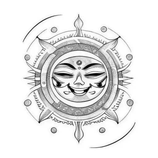 A traditional style tattoo of a smiling sun and a crying moon tattoo design idea
