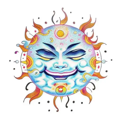 A traditional style tattoo of a smiling sun and a crying moon tattoo design idea