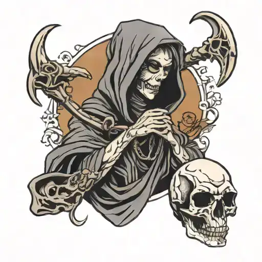 female grim reaper holding ram skull tattoo design idea