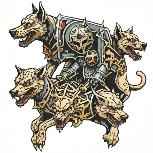 knight and a cerberus dog and 5 skulls on the ground  tattoo design idea