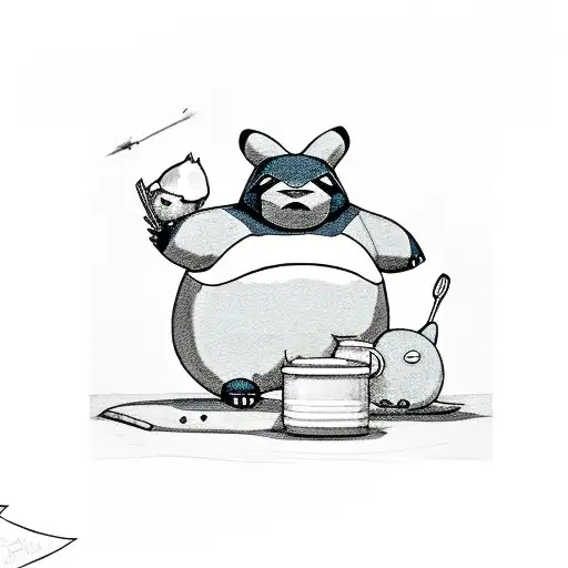 A sketch-style Snorlax holding a spatula and a frying pan tattoo design idea