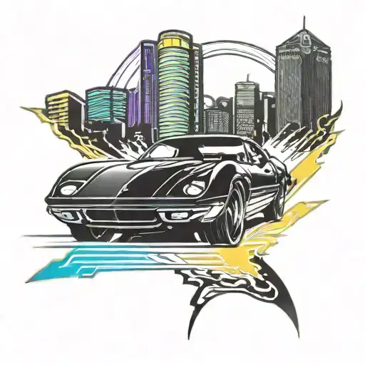 A sleek sports car speeding through a neon-lit Detroit skyline tattoo design idea