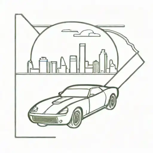A sleek sports car speeding through a neon-lit Detroit skyline tattoo design idea