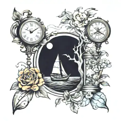 tattoo sleeve of family, clocks, boats, and outdoors tattoo design idea