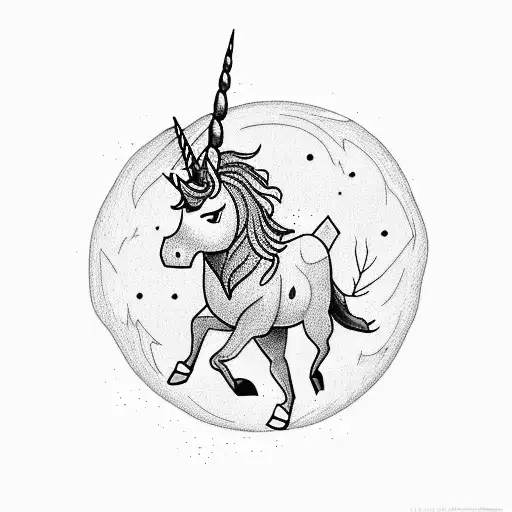 A mystical unicorn emerging from a dense forest under the light of a full moon tattoo design idea
