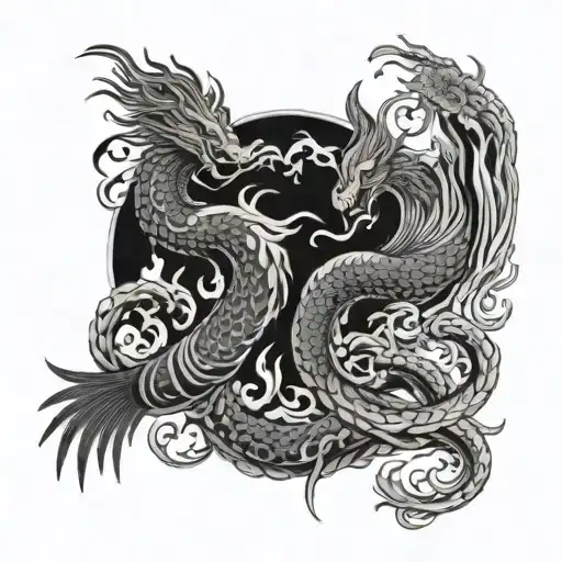 3 phoenixes surrounded by flames and fire rising from a series of flowers and intertwined with a deadly  serpant   tattoo design idea