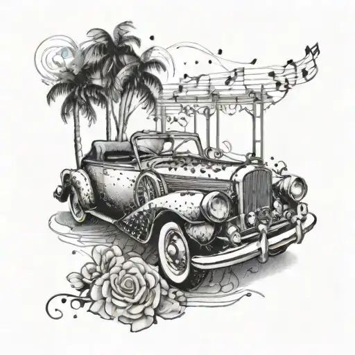 Create a tattoo of a vintage car cruising along a road lined with musical notes tattoo design idea