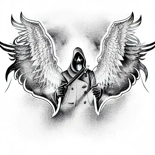 Grimreaper in trench coat with hat and wings tattoo design idea