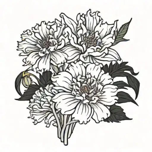 thin black line tattoo of a bundle of 3 flowers one marigold, one aster and one iris tattoo design idea