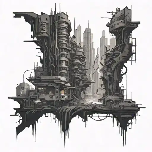 A cyberpunk cityscape with hidden demonic figures lurking in the shadows tattoo design idea
