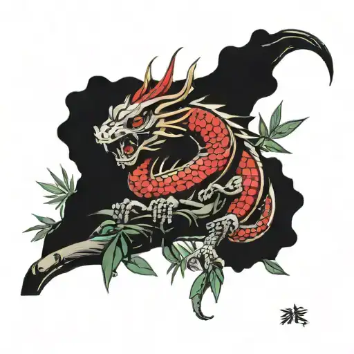 Mulan mushu on a bamboo branch in black and red tattoo design idea