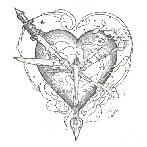 Heart-shaped planet with a dagger stuck in it tattoo design idea