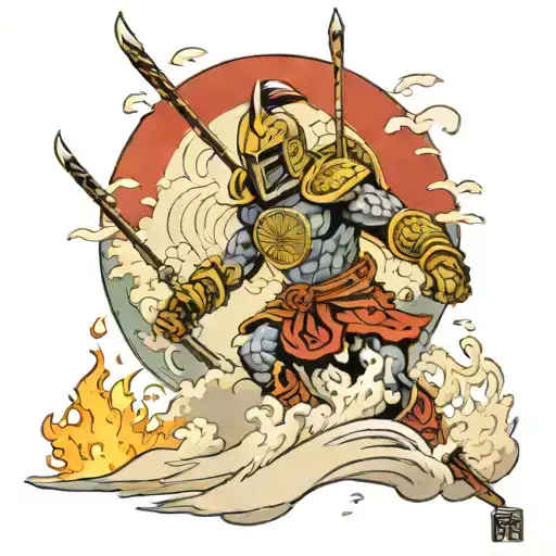 man with spartan helmet ski down elysium fields tattoo design idea