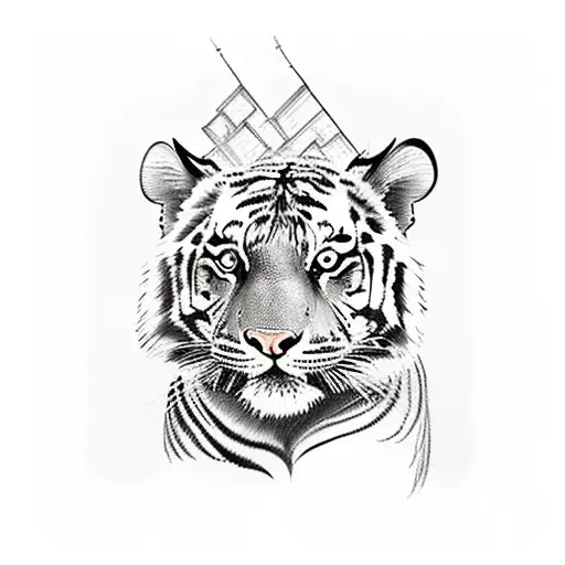 a tattoo where the piercing, intense eyes of a tiger are depicted within the backdrop of a bustling city tattoo design idea