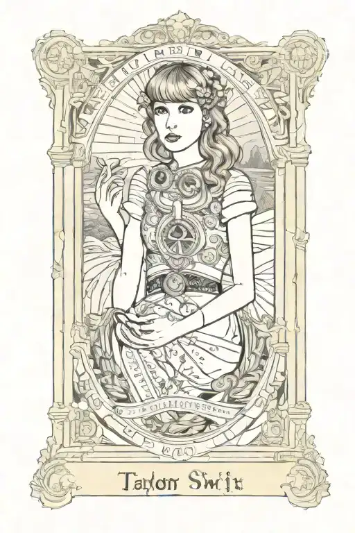 Taylor Swift as a tarot card reading "The Poet" with a headline that says "MCMLXXXIX" and featuring hints of all eras tattoo design idea
