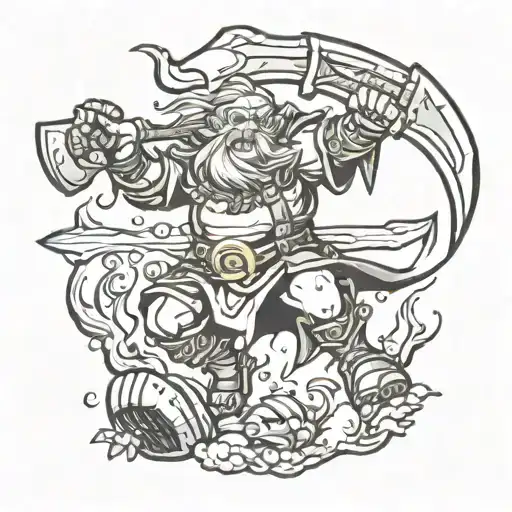 dwarf swinging an axe with a elf shooting above jumping over him tattoo design idea