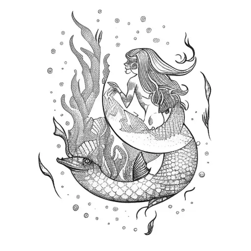 Mermaid guiding a diver through an underwater cave tattoo design idea
