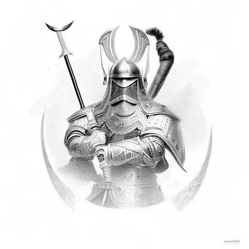 Handsome asian male warrior with full beard dressed in battle armour holding a spear tattoo design idea