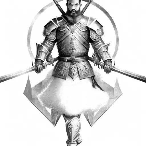 Handsome asian male warrior with full beard dressed in battle armour holding a spear half sleeve tattoo design idea