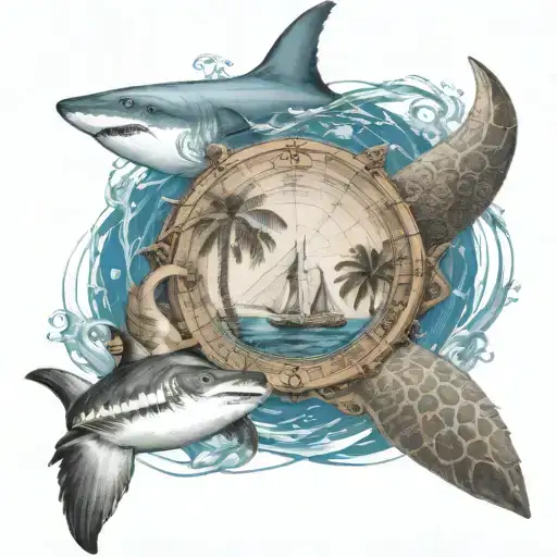palm trees with compass pointing south , ship sailing and a shark swimming with sea turtle tattoo design idea