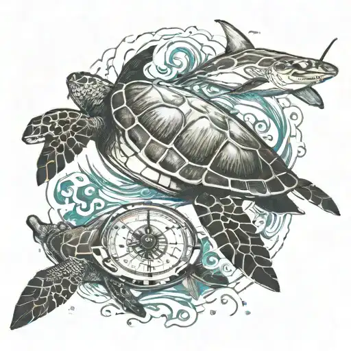 A happy Sea Turtle And A Shark Swimming Together In The Sea Waves, With A Compass Guiding Them tattoo design idea