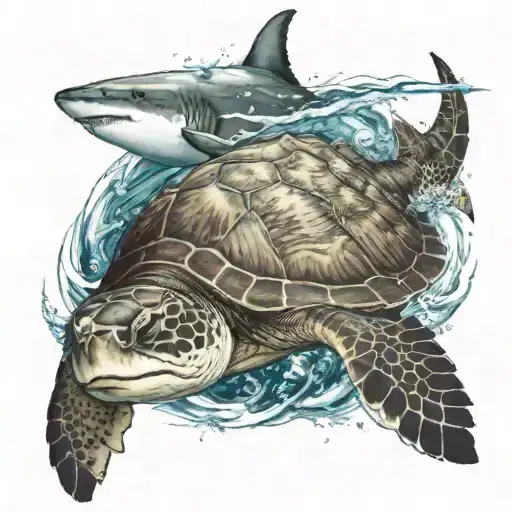 A sea turtle, and a shark swimming together in the sea waves, with palm trees and a ship  tattoo design idea