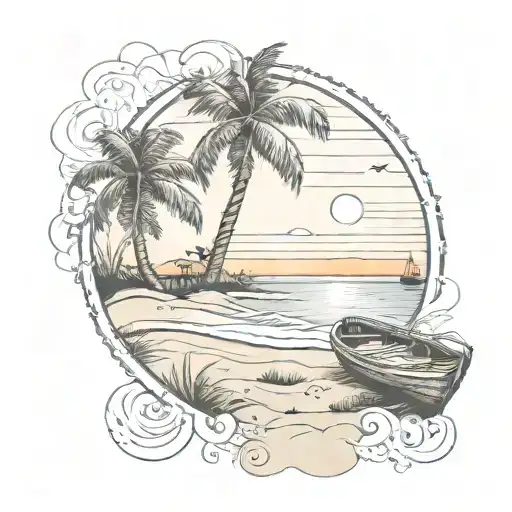 a serene beach landscape with palm trees, a boat and a sunset, incorporating sand dollars as a focal point tattoo design idea