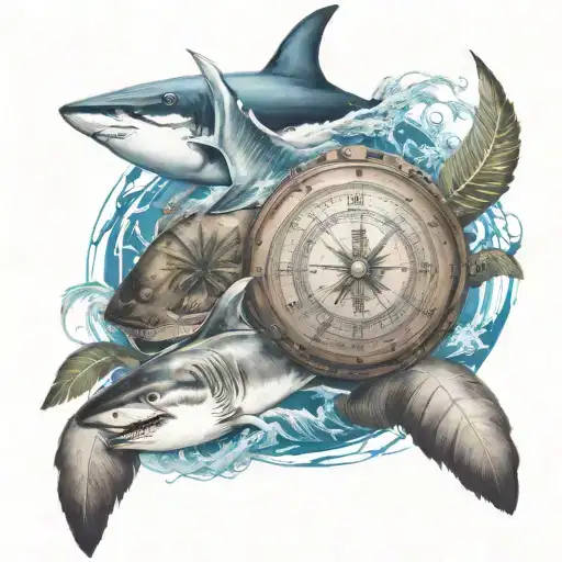 palm trees with compass pointing south , ship sailing and a shark swimming  tattoo design idea
