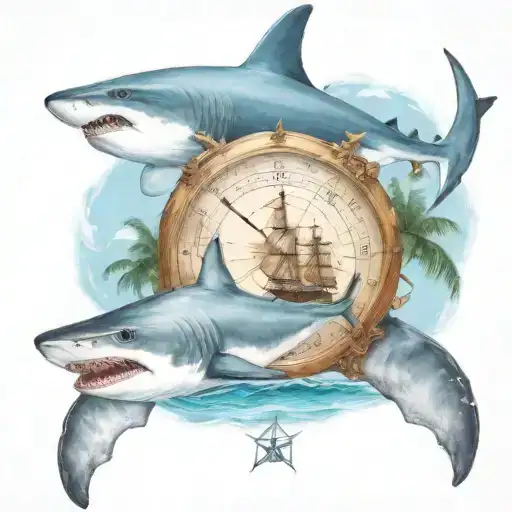 a boat sailing in the bahamas with palm trees and a shark and a sting ray swimming with a compass to guide them tattoo design idea