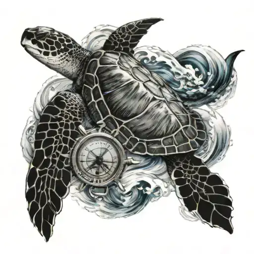 A sea turtle, and a shark swimming together in the sea waves, with a compass guiding them tattoo design idea