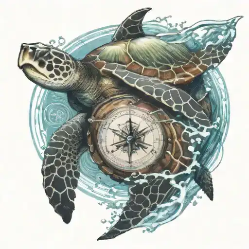 A sea turtle, sand dollar and a shark swimming together in the sea waves, with a compass guiding them tattoo design idea