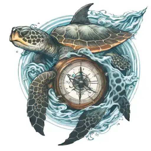 A sea turtle, and a shark swimming together in the sea waves, with a compass guiding them tattoo design idea
