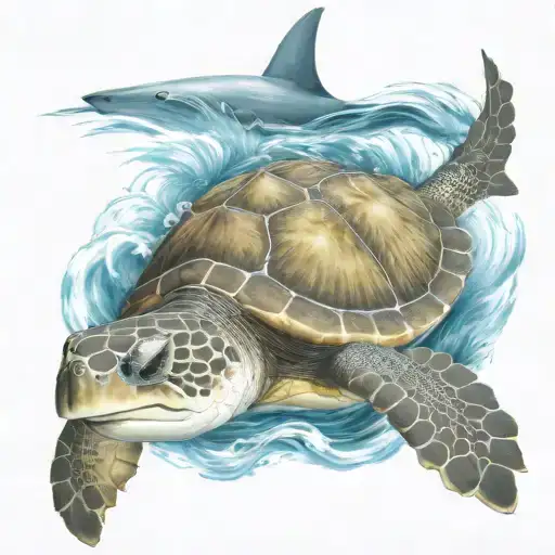 sea turtle, and a shark swimming together in the sea waves with palm trees  tattoo design idea