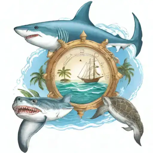 a boat sailing in the bahamas with palm trees and a shark and a turtle swimming with a compass to guide them tattoo design idea