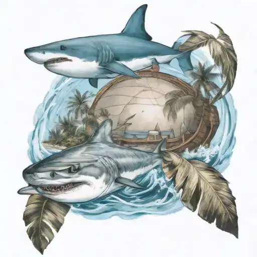 a boat sailing in the bahamas with palm trees and a shark and a sea turtle swimming in the water below tattoo design idea