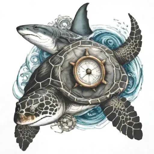 A sea turtle, and a shark swimming together in the sea waves, with a compass guiding them tattoo design idea
