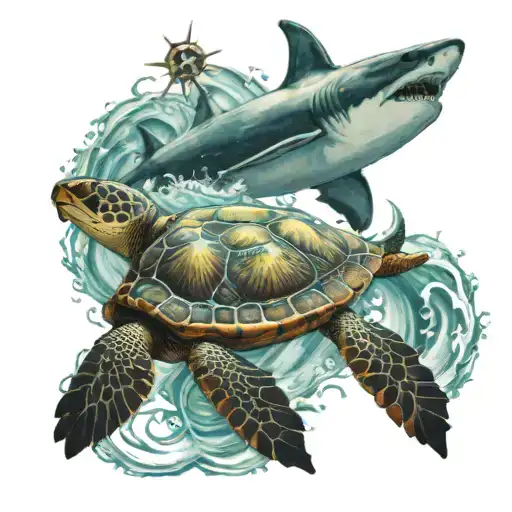 A happy Sea Turtle And A Shark Swimming Together In The Sea Waves, With A Compass Guiding Them tattoo design idea