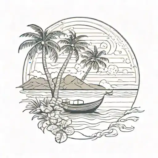 a serene beach landscape with palm trees, a boat and a sunset, incorporating sand dollars as a focal point tattoo design idea