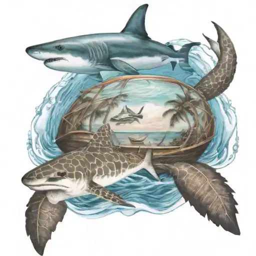 a boat sailing in the bahamas with palm trees and a shark swimming with sea turtle in the water below tattoo design idea