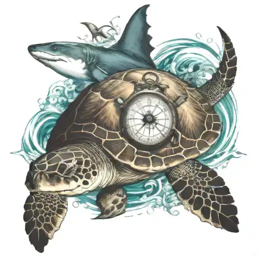 A sea turtle, and a shark swimming together in the sea waves, with a compass guiding them tattoo design idea