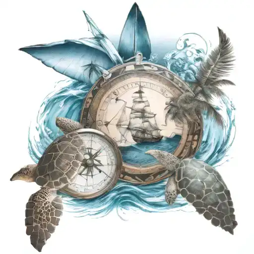 palm trees and compass with ship sailing south and sea turtle in the water tattoo design idea
