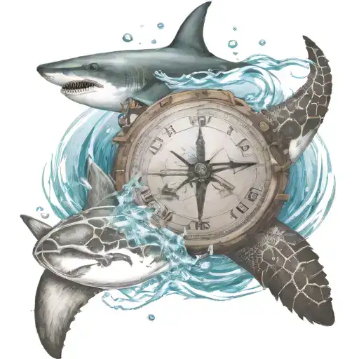 a boat sailing in the bahamas with palm trees and a shark and a sea turtle swimming with a compass to guide them tattoo design idea