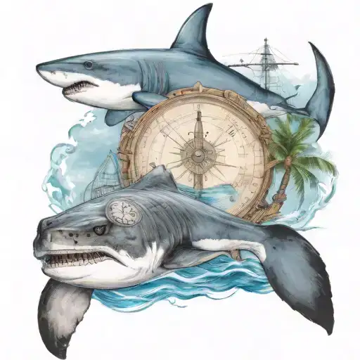 a boat sailing in the bahamas with palm trees and a shark and a sea turtle swimming with a compass to guide them tattoo design idea