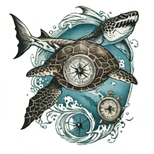 A sea turtle and a shark swimming together in the sea waves, with a compass guiding them tattoo design idea