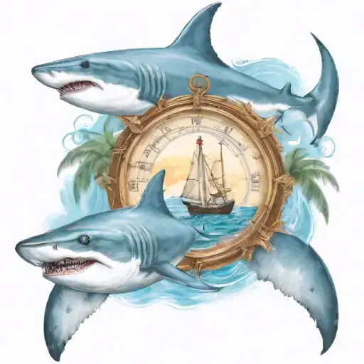 a fishing boat in the bahamas with palm trees and a shark and a turtle swimming with a compass to guide them tattoo design idea