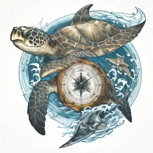 A sea turtle, sand dollar and a shark swimming together in the sea waves, with a compass guiding them tattoo design idea