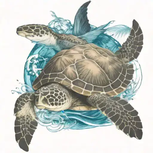 palm trees with compass pointing south and sea turtle swimming in the sea water tattoo design idea
