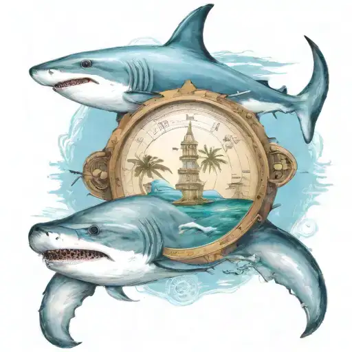 a speed boat in the bahamas with palm trees and a shark and a turtle swimming with a compass to guide them tattoo design idea
