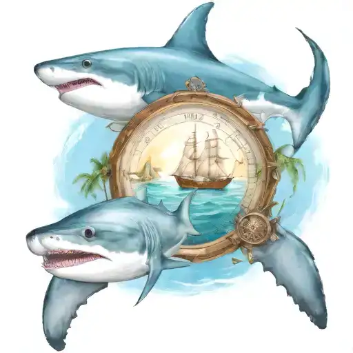 a boat in the bahamas with palm trees and a shark and a turtle swimming with a compass to guide them tattoo design idea