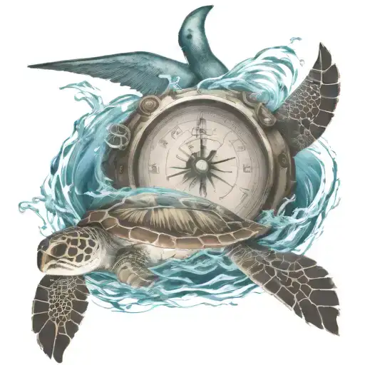 bahamas palm trees with compass pointing south and sea turtle swimming in the sea water tattoo design idea